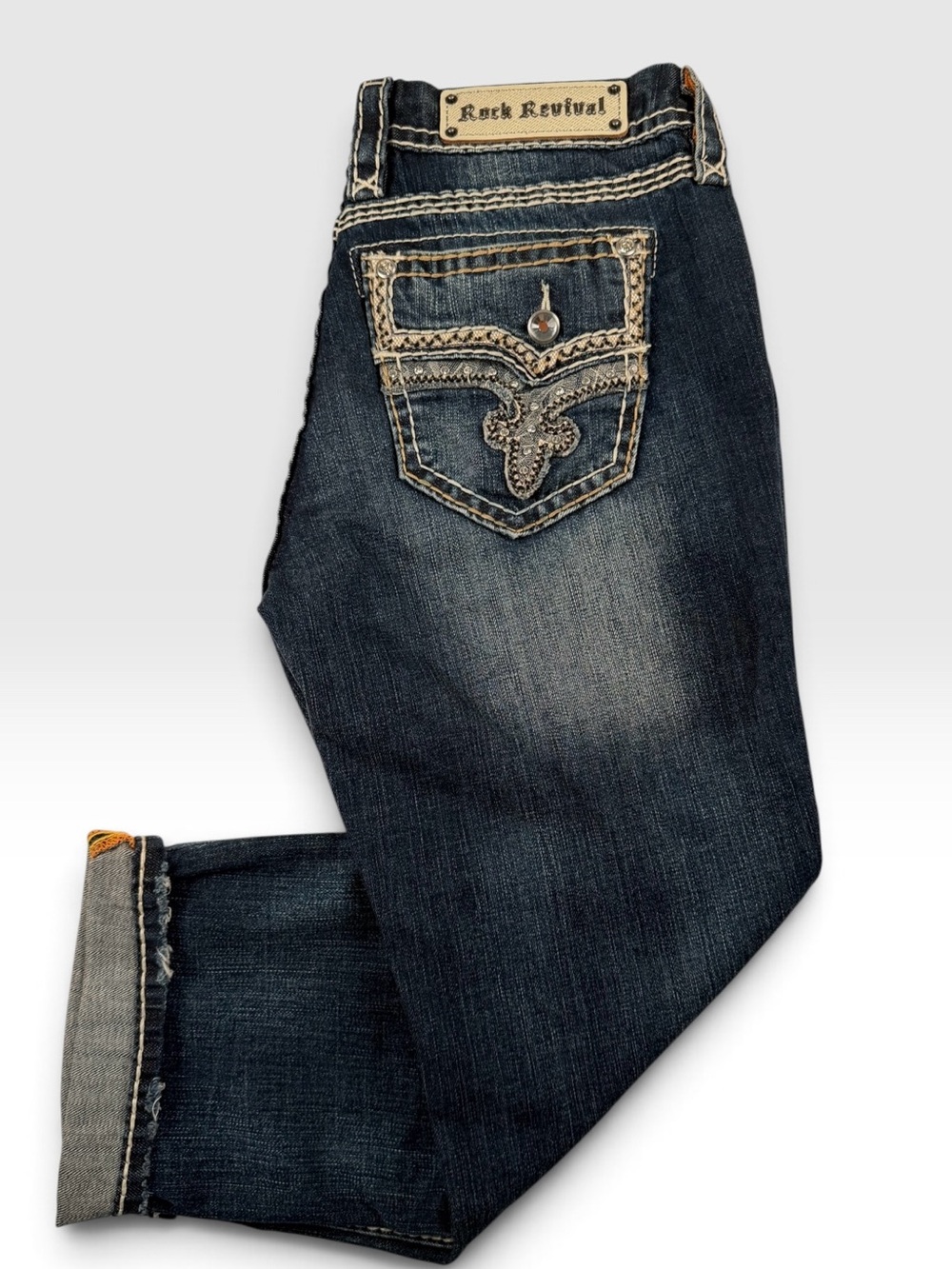 Rock Revival Womens Capri Jeans Rhinestone Junia Dark Wash Sz 30